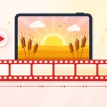 Açlık Oyunları izleme sırasını simgeleyen film şeridi ve tablet ekranında buğday tarlasında gündoğumu