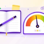 Açık defter, kalem ve renkli öfke göstergesiyle öfke kontrolü testi ve öfke günlüğü